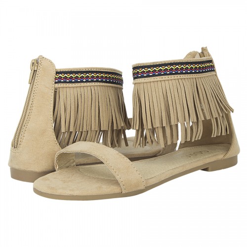 Estatos Suede Leather Open Toe Ankle Fringed Strap Zip Closure Camel/Brown Flat Sandals for Women